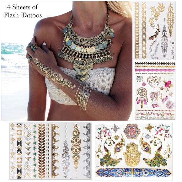 Accessories - 4 Sheets Boho Festival Temporary Metallic Flash Tattoos